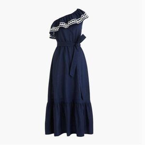 J.Crew Navy White RicRac Scallop Dress One Shoulder Small